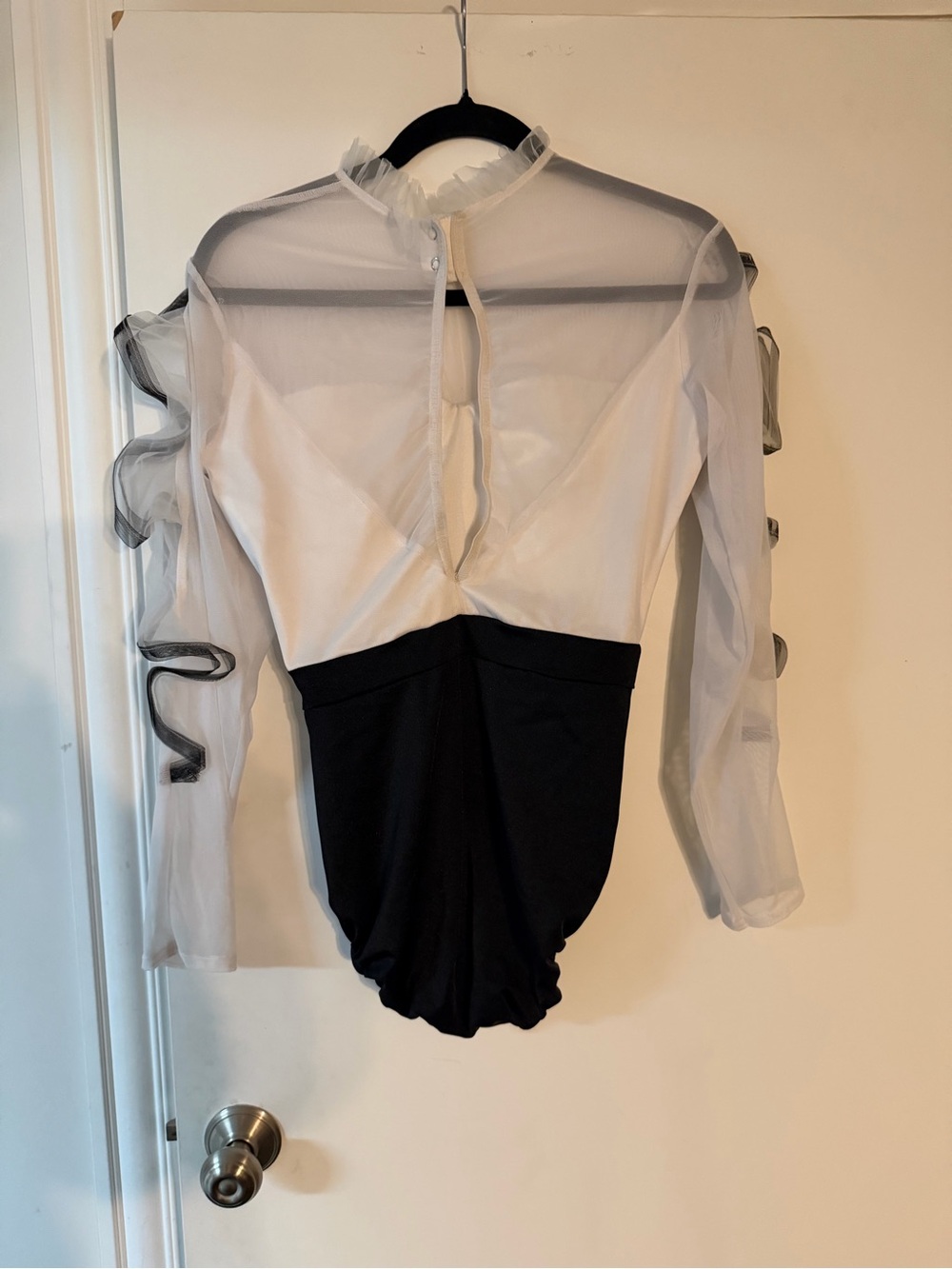 Kelle Sheer White and Black Ruffled Sleeve Leotard
